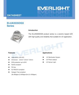 PDF Document Cover - ELUA3535OG5 UVA LED Datasheet - 3.5x3.5x3.5mm - 3.2-4.0V - 500mA - 360-410nm - English Technical Document