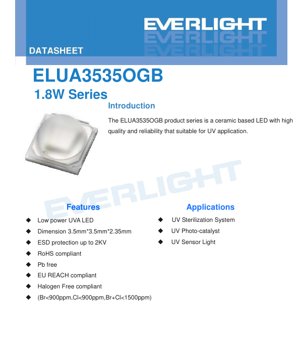 PDF Document Cover - ELUA3535OGB UVA LED Datasheet - 3.5x3.5x2.35mm - 3.2-4.0V - 1.8W - 360-410nm - English Technical Document