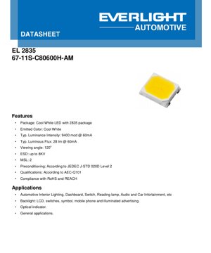 PDF Document Cover - LED Datasheet 2835 Cool White - Package 2.8x3.5mm - Voltage 2.8V - Luminous Flux 28lm - English Technical Document