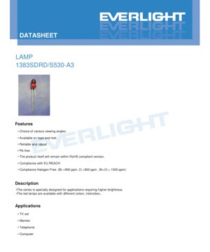 PDF Document Cover - 1383SDRD/S530-A3 LED Lamp Datasheet - Deep Red - 650nm - 320mcd - 30° Viewing Angle - English Technical Document