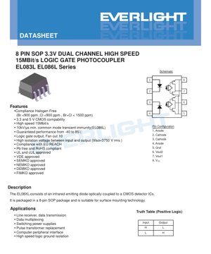 PDF Document Cover - 8-Pin SOP 3.3V Dual Channel High Speed 15Mbit/s Logic Gate Photocoupler EL083L EL086L Series Datasheet - English Technical Document