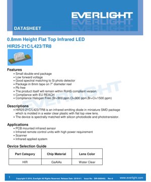 PDF Document Cover - 0.8mm Height Flat Top Infrared LED HIR25-21C/L423/TR8 Datasheet - Dimensions 2.0x1.25x0.8mm - Voltage 1.35V - Power 100mW - Water Clear Lens - English Technical Document