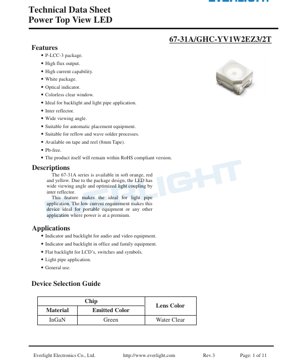 PDF Document Cover - PLCC-3 Green LED Datasheet - Package 3.2x2.8x1.9mm - Voltage 2.75-3.65V - Power 110mW - English Technical Document