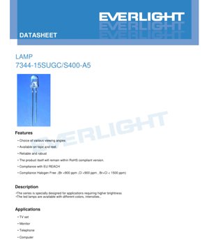 PDF Document Cover - 7344-15SUGC/S400-A5 LED Lamp Datasheet - Brilliant Green - 3.3V - 20mA - English Technical Document