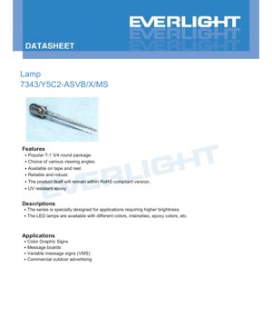 PDF Document Cover - LED Lamp 7343/Y5C2-ASVB/X/MS Datasheet - T-1 3/4 Package - 2.2V - 50mA - Brilliant Yellow - English Technical Document