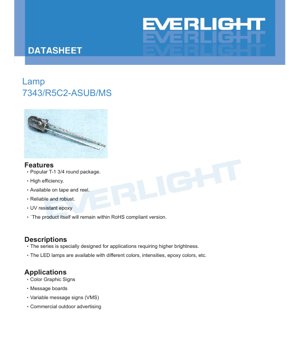 PDF Document Cover - LED Lamp 7343/R5C2-ASUB/MS Datasheet - T-1 3/4 Package - 2.0V Typ - Brilliant Red - 115mW Max - English Technical Document