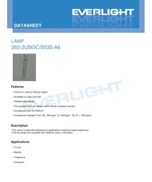 PDF Document Cover - LED Lamp 383-2USOC/S530-A6 Datasheet - Orange - 621nm Peak Wavelength - 2.0V Forward Voltage - 60mW Power Dissipation - English Technical Document