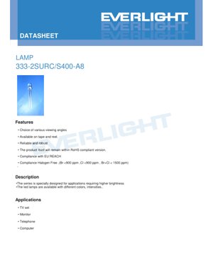 PDF Document Cover - LED Lamp 333-2SURC/S400-A8 Datasheet - Brilliant Red - 20mA - 3200-5000mcd - English Technical Document