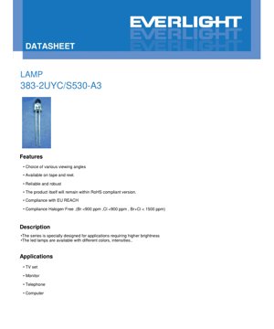 PDF Document Cover - LED Lamp 383-2UYC/S530-A3 Datasheet - Brilliant Yellow - 20mA - 2.0V Typ. - English Technical Document