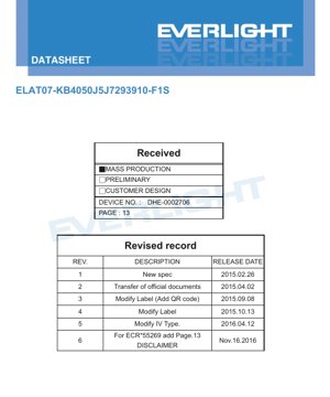 PDF Document Cover - ELAT07-KB4050J5J7293910-F1S LED Datasheet - Package 7.0x?x?mm - Voltage 2.95-3.95V - Power 3.85W - Cool White 4000-5000K - English Technical Document