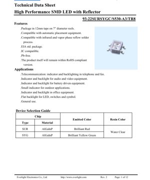 PDF Document Cover - SMD LED 93-22SURSYGC/S530-A3/TR8 Technical Datasheet - 3.2x2.8x1.9mm - Voltage 2.0-2.4V - Brilliant Red/Yellow Green - English