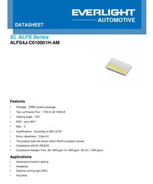 PDF Document Cover - ALFS4J-C010001H-AM LED Datasheet - SMD Ceramic Package - Luminous Flux 1700lm @1000mA - Forward Voltage 13V - Viewing Angle 120° - Automotive Grade - English Technical Document