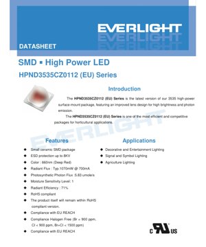 PDF Document Cover - HPND3535CZ0112 (EU) Series LED Datasheet - 3.5x3.5x1.6mm - 1.75-2.35V - 1070mW Radiant Flux - 660nm Deep Red - English Technical Document