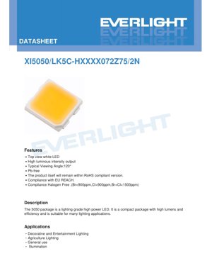 PDF Document Cover - XI5050 White LED Datasheet - 5.0x5.0x1.6mm - Voltage 6.0-7.2V - Power 5.4W - Cool/Neutral/Warm White - English Technical Document