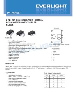 PDF Document Cover - EL260L Logic Gate Photocoupler Datasheet - 8-Pin DIP Package - 3.3V/5V Supply - 10Mbit/s Speed - English Technical Document