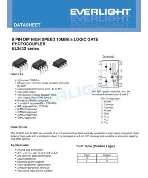 PDF Document Cover - 8-Pin DIP High Speed 10Mbit/s Logic Gate Photocoupler EL263X Series Datasheet - 10Mbps - 5000Vrms Isolation - English Technical Document
