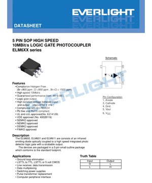PDF Document Cover - 5-Pin SOP High-Speed 10Mbit/s Logic Gate Photocoupler ELM6XX Series Datasheet - English Technical Document