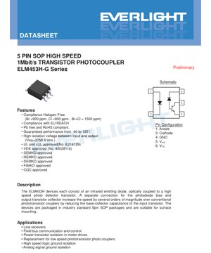 PDF Document Cover - 5-Pin SOP High-Speed 10Mbit/s Logic Gate Photocoupler ELM453H-G Series Datasheet - Package 5-Pin SOP - Isolation Voltage 3750Vrms - English Technical Document