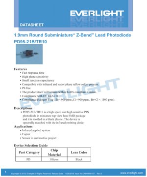 PDF Document Cover - PD95-21B/TR10 Photodiode Datasheet - 1.9mm Round SMD Package - Black Lens - Peak Sensitivity 940nm - English Technical Document
