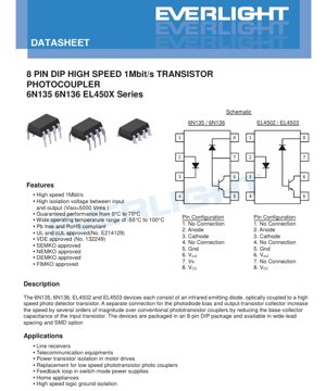 PDF Document Cover - 8-Pin DIP High Speed 1Mbit/s Transistor Photocoupler 6N135 6N136 EL450x Series Datasheet - Package DIP-8 - Isolation 5000Vrms - English Technical Document