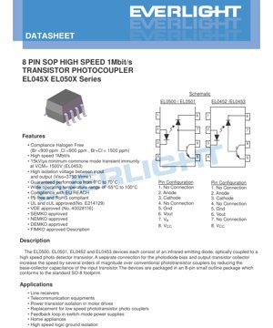 PDF Document Cover - 8-Pin SOP High Speed 1Mbit/s Transistor Photocoupler EL045X EL050X Series Datasheet - Package SO-8 - Voltage 5V/15V/30V - English Technical Document