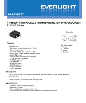 PDF Document Cover - EL452-G Series 4-Pin SOP High Voltage Photodarlington Optocoupler Datasheet - Package 4.4x7.4x2.0mm - VCEO 350V - CTR 1000% - English Technical Documentation