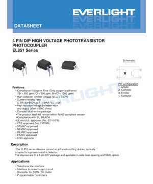 PDF Document Cover - EL851 Series 4-Pin DIP High Voltage Phototransistor Optocoupler Datasheet - Package 6.35x4.57x3.3mm - VCEO 350V - CTR 50-600% - English Technical Documentation