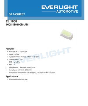 PDF Document Cover - LED Datasheet - PLCC-2 Package - 1.6x0.8mm - Ice Blue Color - 650mcd @ 10mA - 3.0V - Automotive Grade - English Technical Document