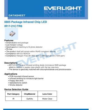 PDF Document Cover - IR17-21C/TR8 Infrared LED Datasheet - 0805 Package - 1.2V - 940nm - 130mW - English Technical Document