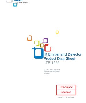 PDF Document Cover - LTE-1252 IR Emitter and Detector Datasheet - 940nm Wavelength - 100mA Forward Current - 1.53V Typical Forward Voltage - 5.0x3.8x3.5mm Package - English Technical Documentation