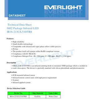 PDF Document Cover - IR LED 0402 SMD Datasheet - Size 1.0x0.5x0.5mm - Forward Voltage 1.5V - Peak Wavelength 940nm - English Technical Document