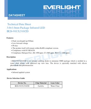 PDF Document Cover - IR26-91C/L510/2D Infrared LED Datasheet - 3.0x1.0mm SMD Package - 940nm Wavelength - 1.6V Forward Voltage - English Technical Documentation