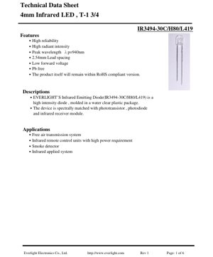 PDF Document Cover - IR3494-30C/H80/L419 Infrared LED Datasheet - 4mm T-1 3/4 Package - Wavelength 940nm - Forward Voltage 1.2V - Radiant Intensity 3.5mW/sr - English Technical Document