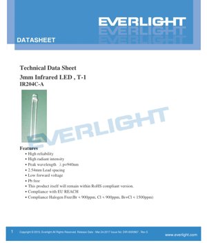 PDF Document Cover - 3.0mm Infrared LED IR204C-A Datasheet - 3mm T-1 Package - 940nm Peak Wavelength - 100mA Forward Current - English Technical Document