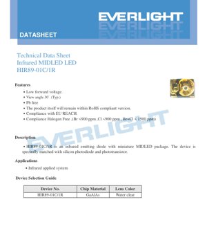 PDF Document Cover - Infrared MIDLED HIR89-01C/1R Datasheet - 3.0x2.8x1.9mm - 1.55V - 850nm - 100mW - English Technical Document