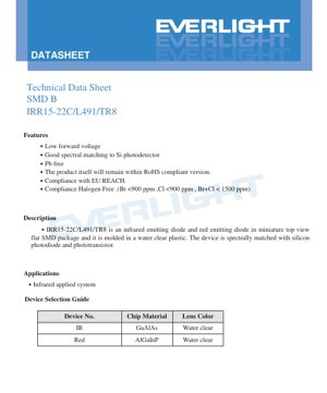 PDF Document Cover - IRR15-22C/L491/TR8 SMD LED Datasheet - Package 3.0x1.6x1.1mm - Forward Voltage 1.3V(IR)/1.9V(Red) - Power 100mW(IR)/130mW(Red) - English Technical Document