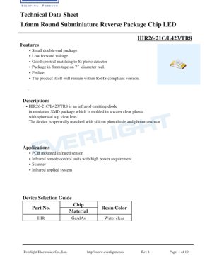 PDF Document Cover - HIR26-21C/L423/TR8 IR LED Datasheet - 1.6mm Round Package - 1.45V Forward Voltage - 850nm Wavelength - 16mW/sr Radiant Intensity - English Technical Document
