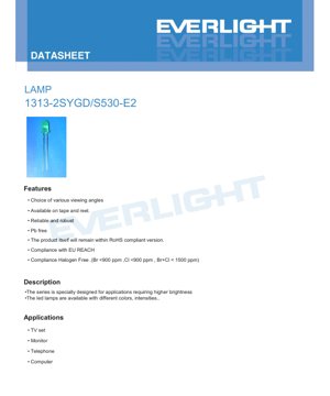 PDF Document Cover - LED Lamp 1313-2SYGD/S530-E2 Specification - 1.3x1.3x1.5mm - 2.0V - 40mW - Brilliant Yellow Green - English Technical Document