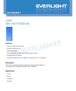 PDF Document Cover - LED Lamp 484-10UYT/S530-A3 Datasheet - 110° Viewing Angle - 2.0V Forward Voltage - 20mA Current - Brilliant Yellow Color - English Technical Document