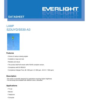 PDF Document Cover - LED Lamp 523-2UYD/S530-A3 Datasheet - 5mm Round - Yellow Diffused - 2.4V - 60mW - English Technical Document