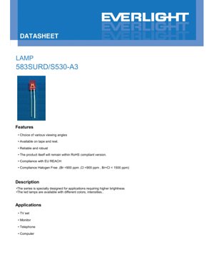 PDF Document Cover - LED Lamp 583SURD/S530-A3 Datasheet - 5mm Round - Voltage 2.0V - Brilliant Red - 20mcd - English Technical Document