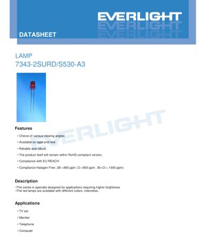 PDF Document Cover - LED Lamp 7343-2SURD/S530-A3 Datasheet - 3.0x1.6x1.9mm - 2.0V - 40mW - Brilliant Red - English Technical Documentation