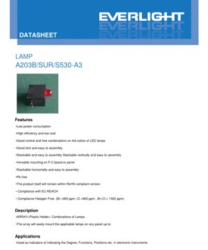 PDF Document Cover - A203B/SUR/S530-A3 LED Lamp Array Datasheet - Dimensions 5.0x2.0x4.0mm - Voltage 2.0V - Power 60mW - Brilliant Red - English Technical Document