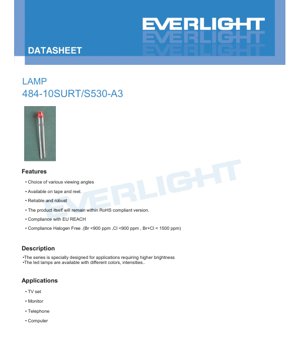 PDF Document Cover - LED Lamp 484-10SURT/S530-A3 Datasheet - Brilliant Red - 20mcd - 2.0V - 60mW - English Technical Document