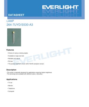PDF Document Cover - LED Lamp 264-7UYD/S530-A3 Specification - Brilliant Yellow - 20mA - 125mcd - English Technical Document