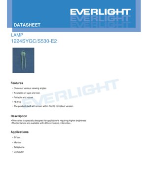 PDF Document Cover - LED Lamp 1224SYGC/S530-E2 Datasheet - Brilliant Yellow Green - 25mA - 60mW - English Technical Document