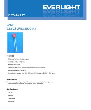 PDF Document Cover - LED Lamp 523-2SURD/S530-A3 Datasheet - Brilliant Red - 20mA - 32mcd - English Technical Document