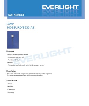 PDF Document Cover - LED Lamp 1003SURD/S530-A3 Datasheet - Brilliant Red - 20mA Forward Current - 2.0V Typical Forward Voltage - English Technical Document
