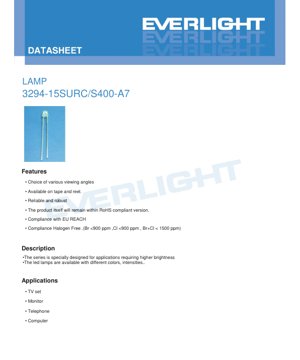 PDF Document Cover - LED Lamp 3294-15SURC/S 400-A7 Datasheet - Brilliant Red - 2.0V - 20mA - 200mcd - English Technical Document
