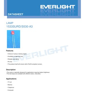 PDF Document Cover - LED Lamp 1533SURD/S530-A3 Datasheet - Brilliant Red - 20mcd - 2.0V - 60mW - English Technical Document